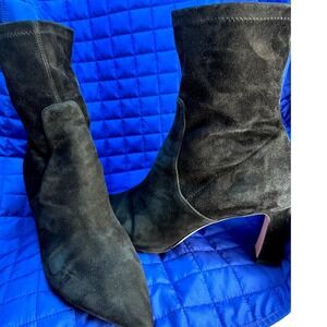 Scarlett Chase Portia 75 Black Suede Italian Stretch Ankle Booties Comfort Heel